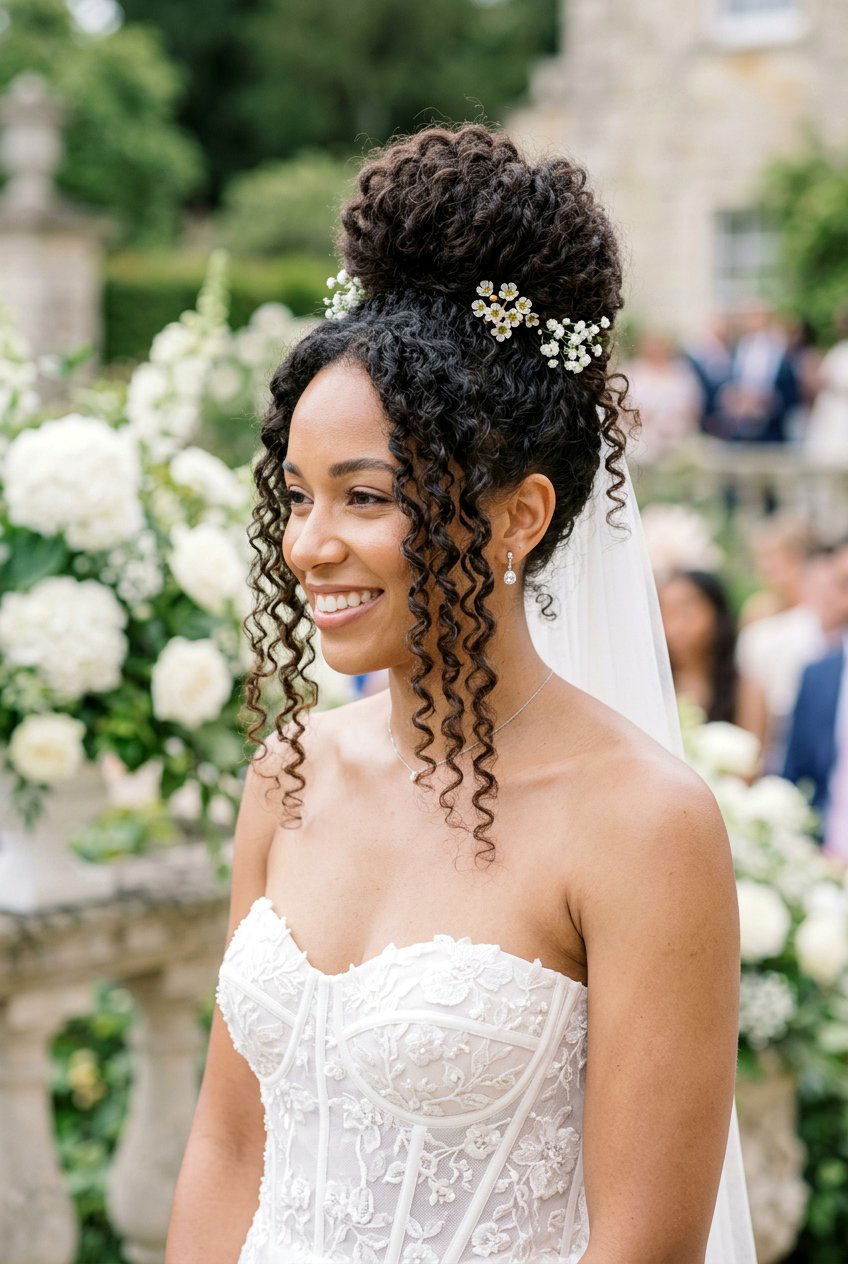 Curly Bridal Top Knot With Face Framing Curls - 20 bridal bun with curls in front - 20 bridal bun with curls in front