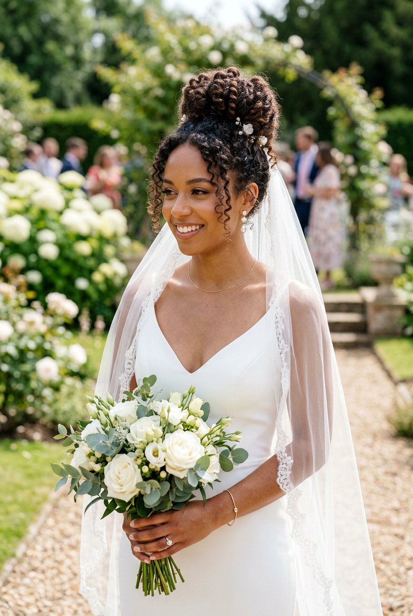 Curly Bridal Top Knot With Veil - 20 bridal hairstyle for curly veil look - 20 bridal hairstyle for curly veil look