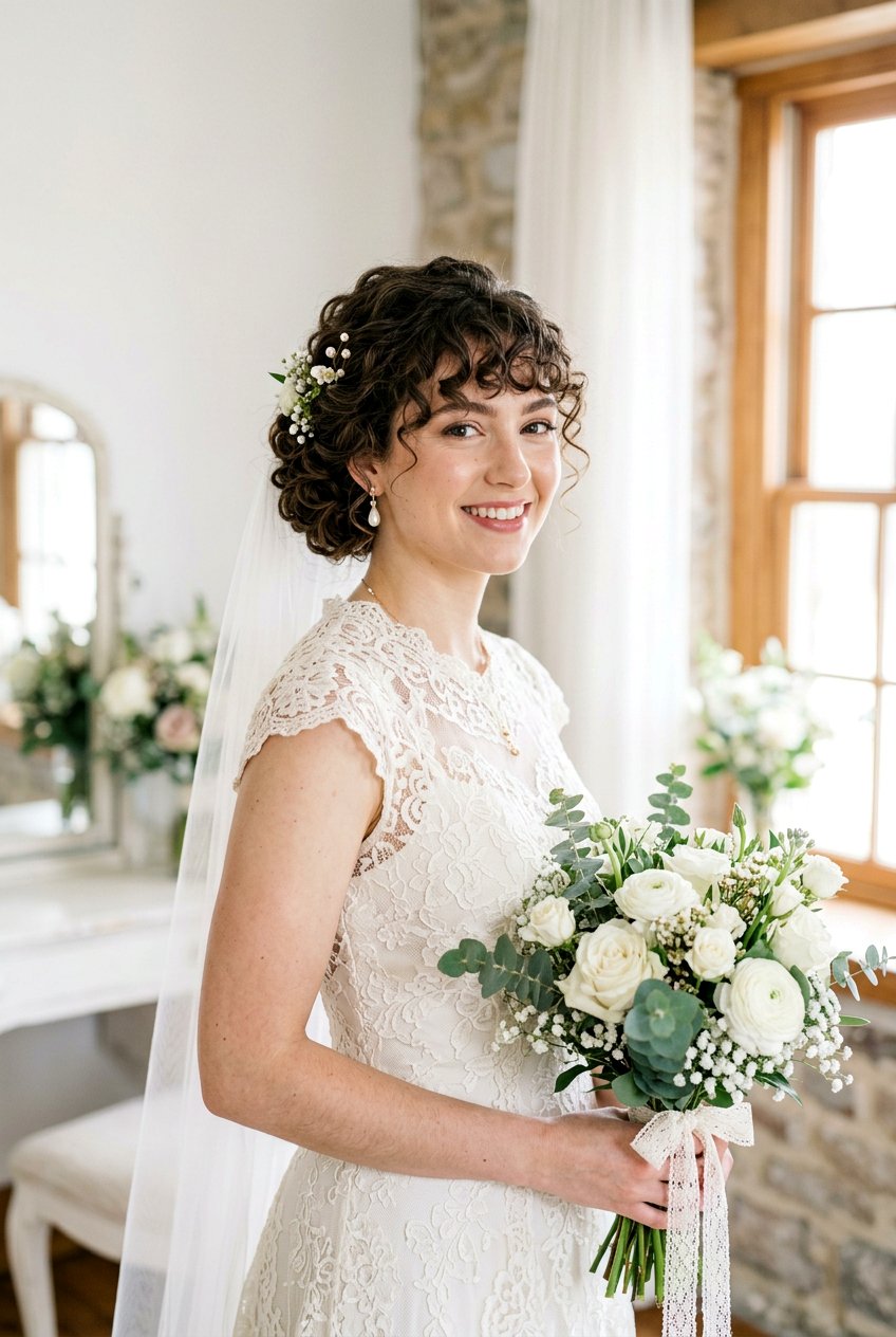 Curly Bridal Updo With Bangs - 20 bridal hairstyle for shoulder length curls - 20 bridal hairstyle for shoulder length curls