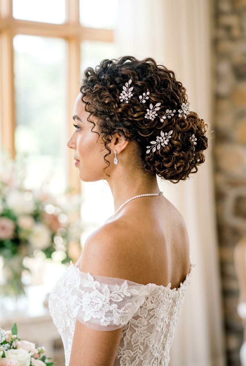 Curly Bridal Updo With Crystal Hairpins - 20 crystal hairpin bridal hairstyle - 20 crystal hairpin bridal hairstyle