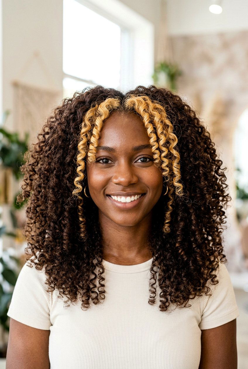 Curly Brunette Hair with Bright Blonde Money Piece - 20 brunette hair with blonde money piece - 20 brunette hair with blonde money piece