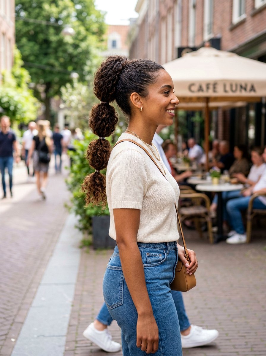 Curly Bubble Braid Ponytail - 20 date night hairstyle for curly hair women - 20 date night hairstyle for curly hair women
