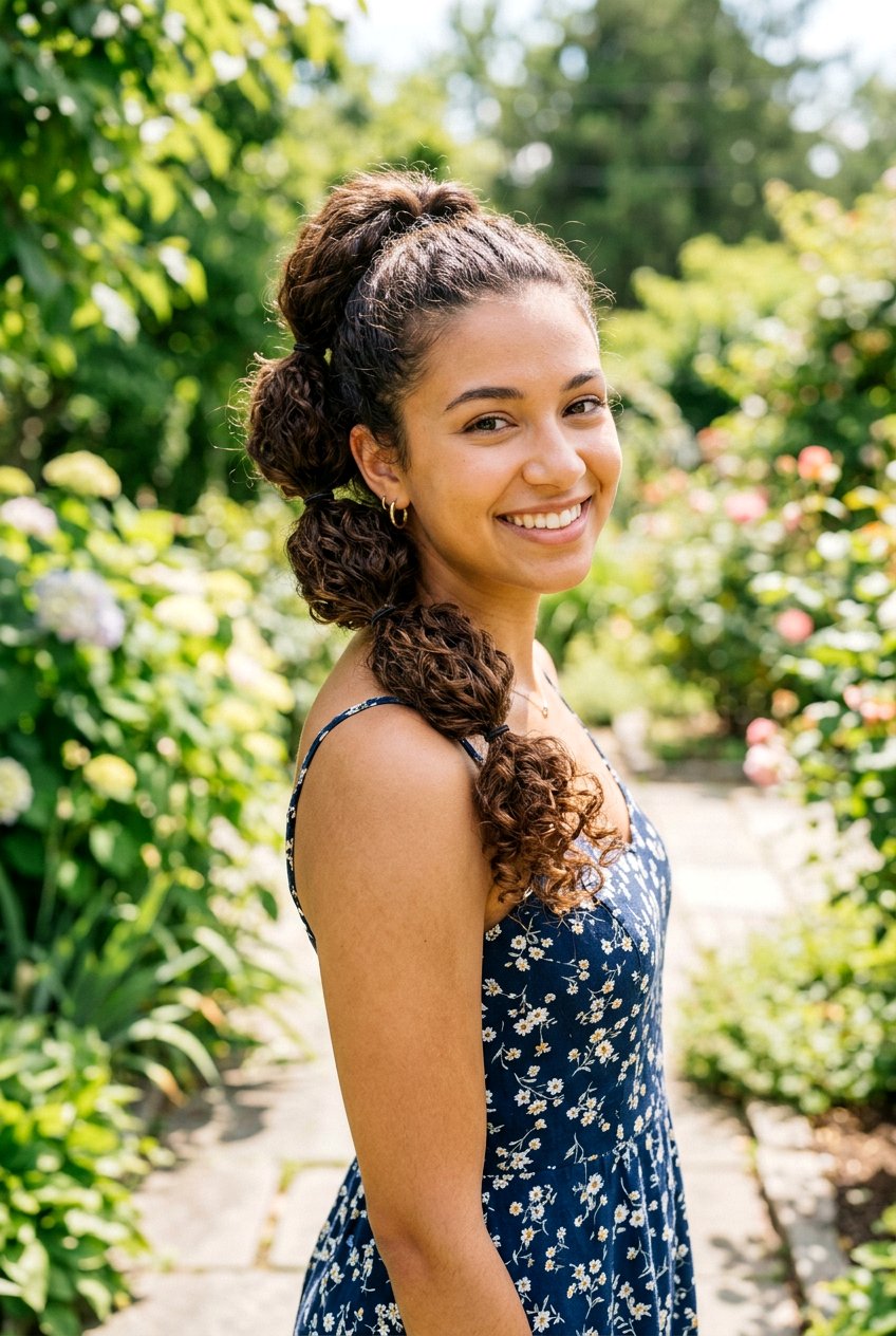 Curly Bubble Braid - 20 birthday hairstyle for curly shoulder length hair - 20 birthday hairstyle for curly shoulder length hair