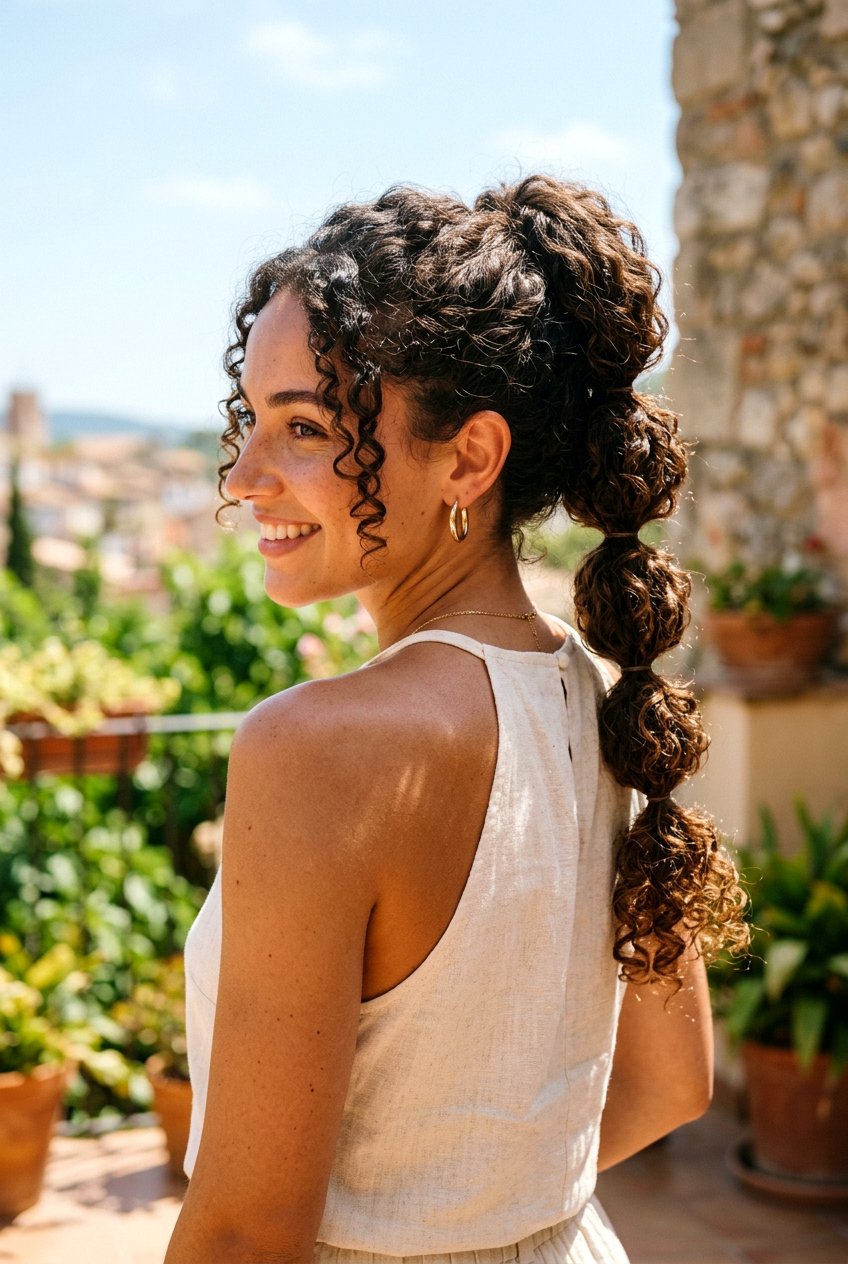 Curly Bubble Ponytail For Humid Weather - 20 humid weather curly hairstyles - 20 humid weather curly hairstyles