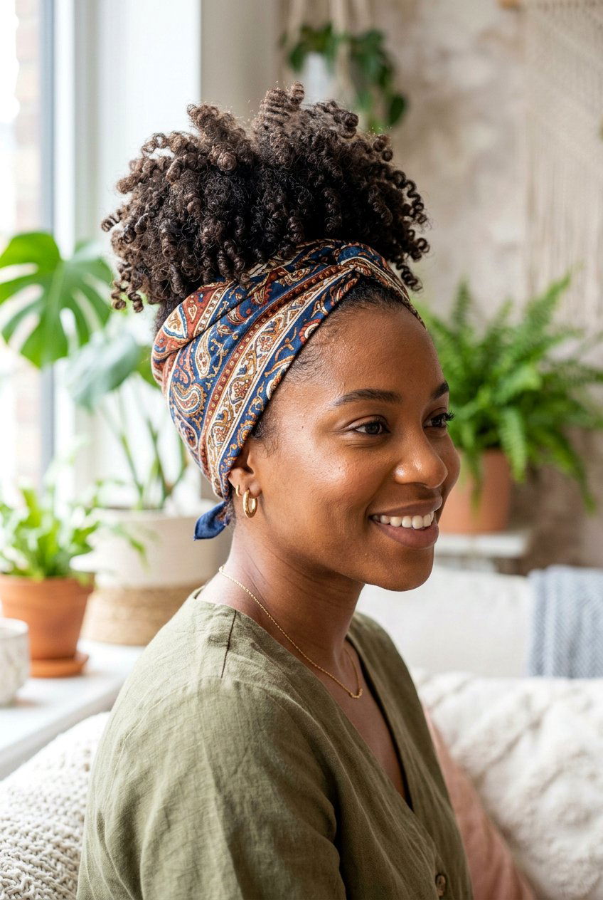 Curly Bun With Bandana - 20 bandana bun hairstyle - 20 bandana bun hairstyle