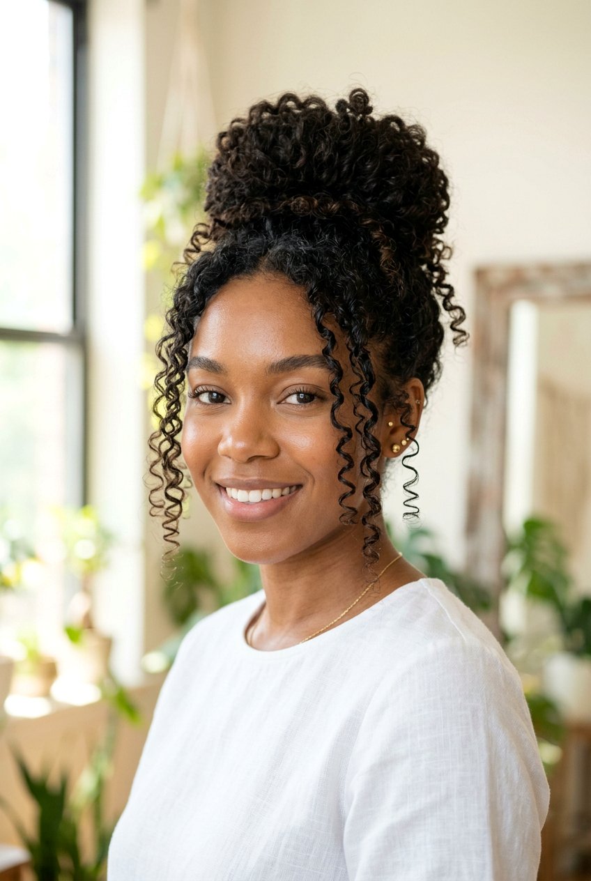 Curly Bun With Face Framing Curls - 20 curly refresh hairstyles - 20 curly refresh hairstyles