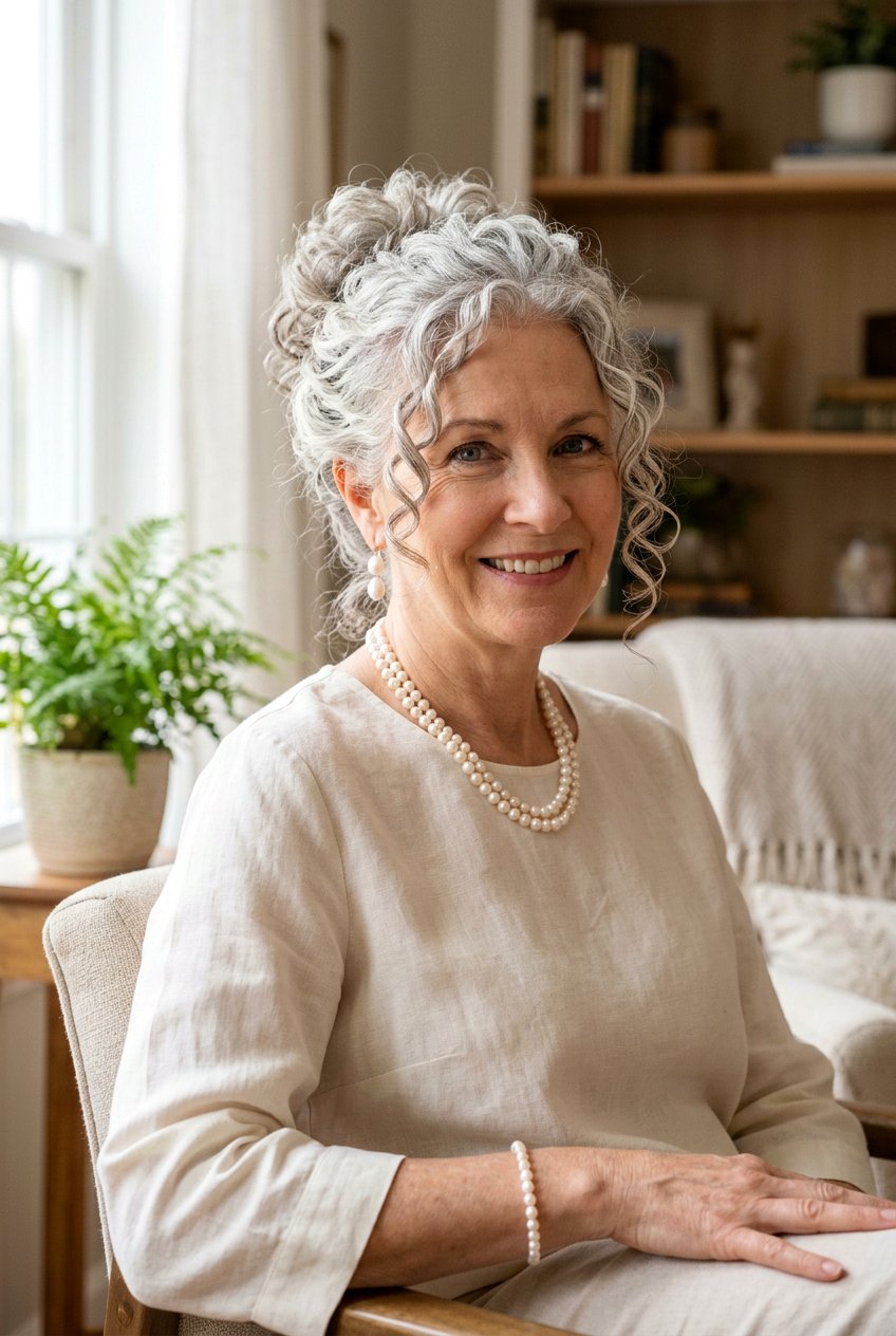 Curly Bun With Face Framing Tendrils - 20 formal hairstyles for mature women - 20 formal hairstyles for mature women