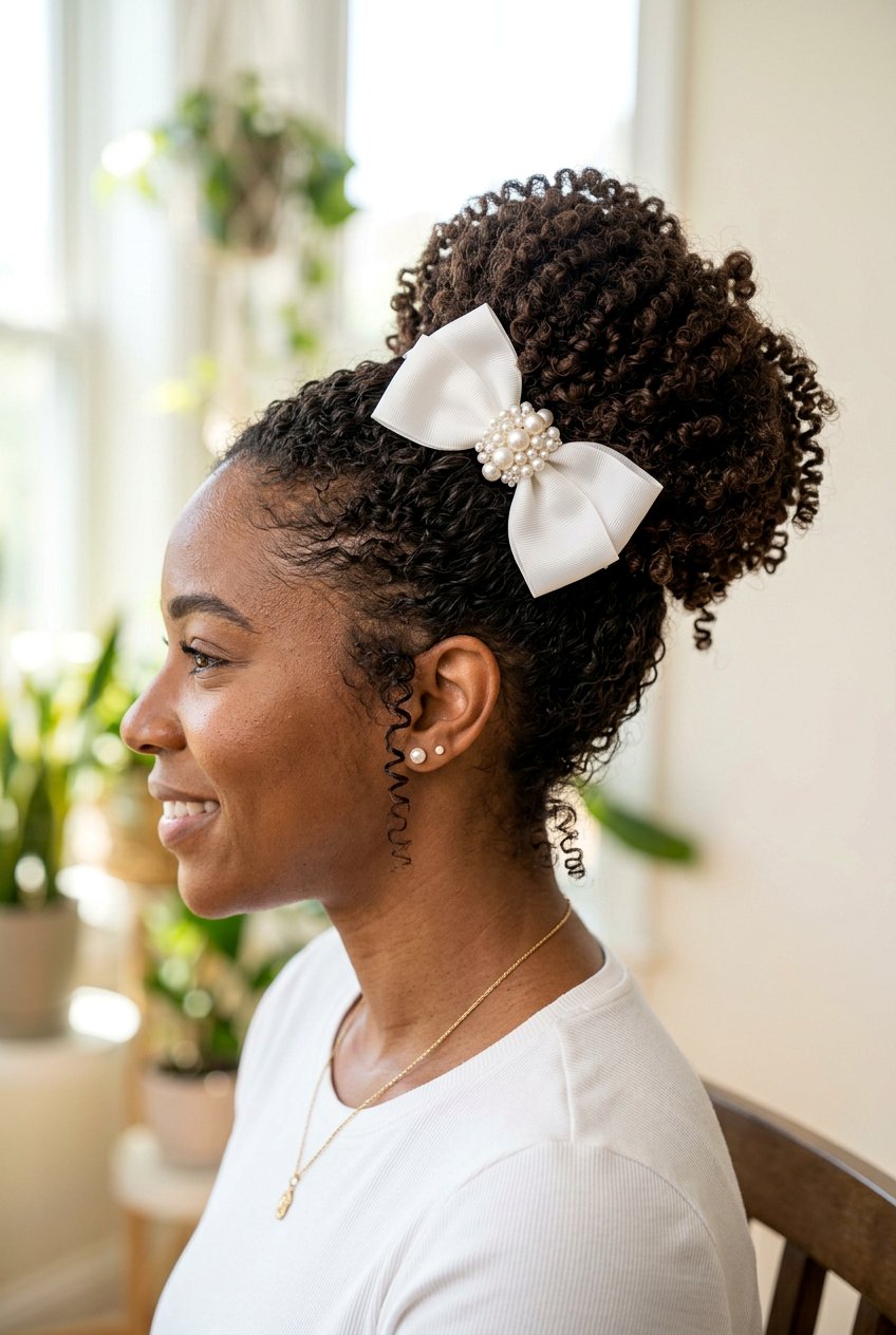 Curly Bun With Pearl Bow - 20 coquette bow bun hairstyle - 20 coquette bow bun hairstyle