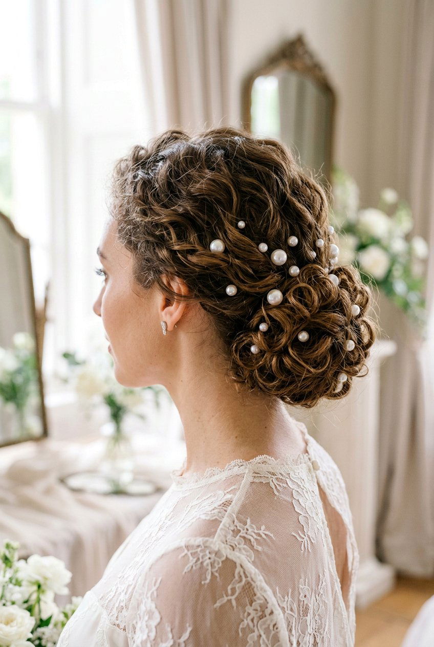 Curly Bun With Pearl Pins - 20 bridal hairstyle for long curly hair - 20 bridal hairstyle for long curly hair