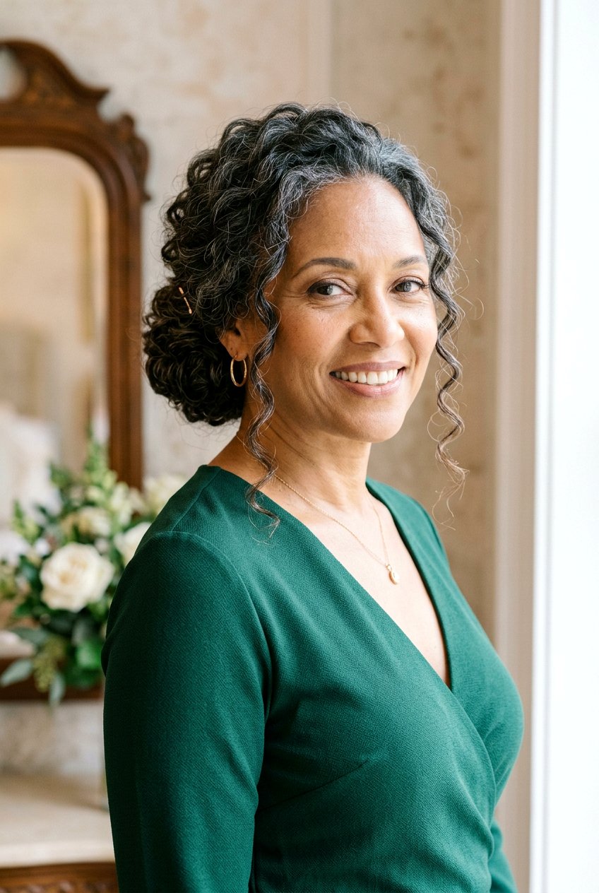 Curly Chignon With Tendrils - 20 curly wedding guest hairstyle for mature women - 20 curly wedding guest hairstyle for mature women