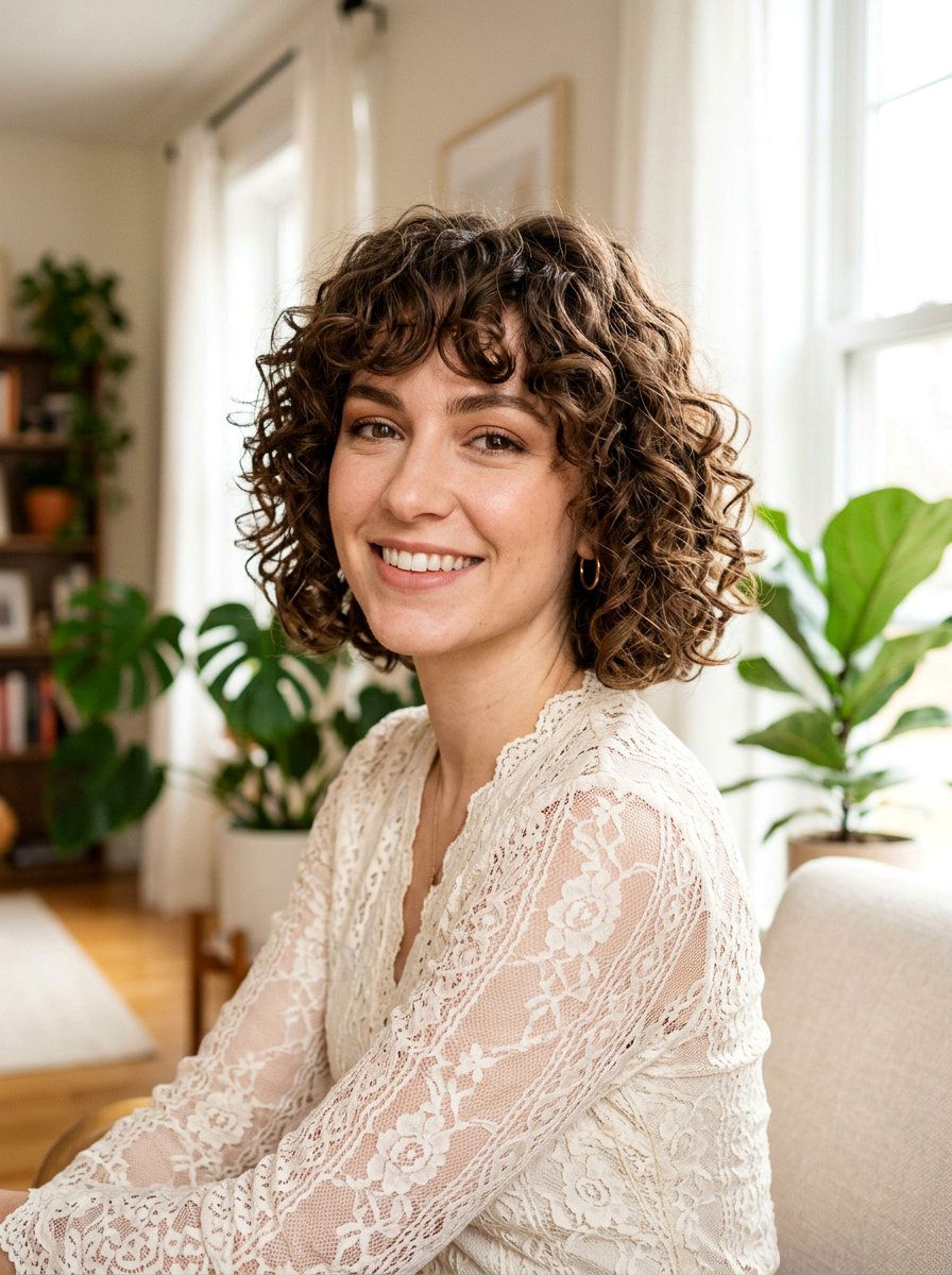 Curly Chin Length Bob With Curtain Bangs - 20 curly chin length bob for thick curls - 20 curly chin length bob for thick curls