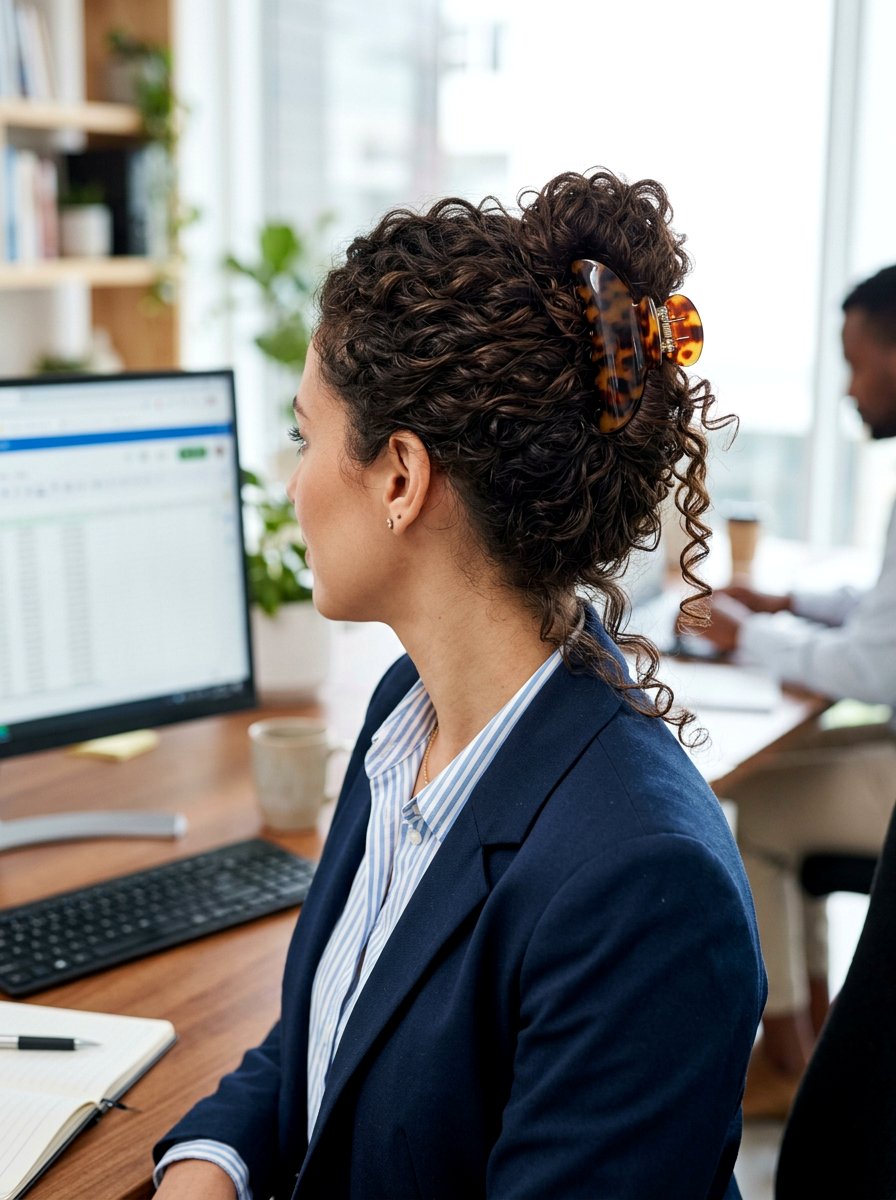 Curly Claw Clip Updo - 20 office friendly claw clip hairstyles - 20 office friendly claw clip hairstyles