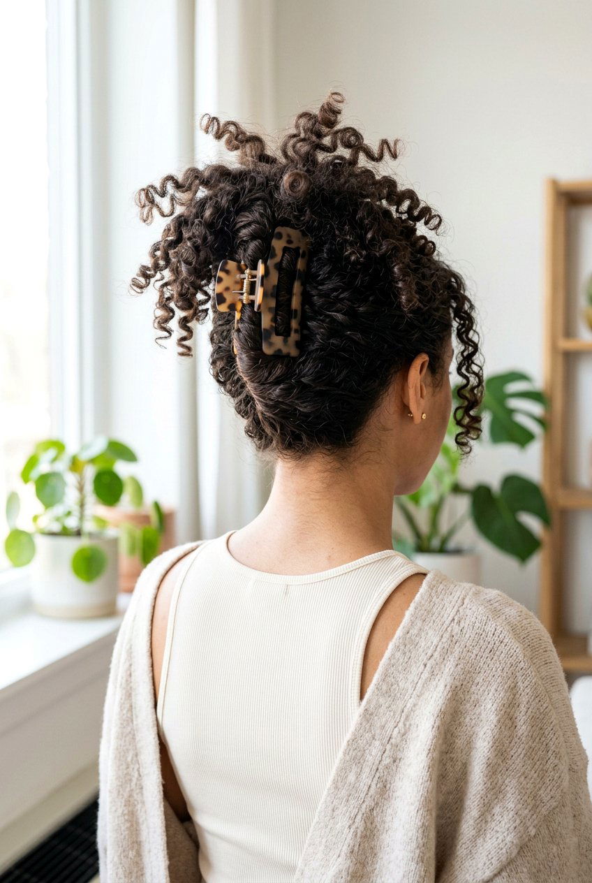 Curly Claw Clip Updo For Summer - 20 summer hairstyles for curly hair - 20 summer hairstyles for curly hair