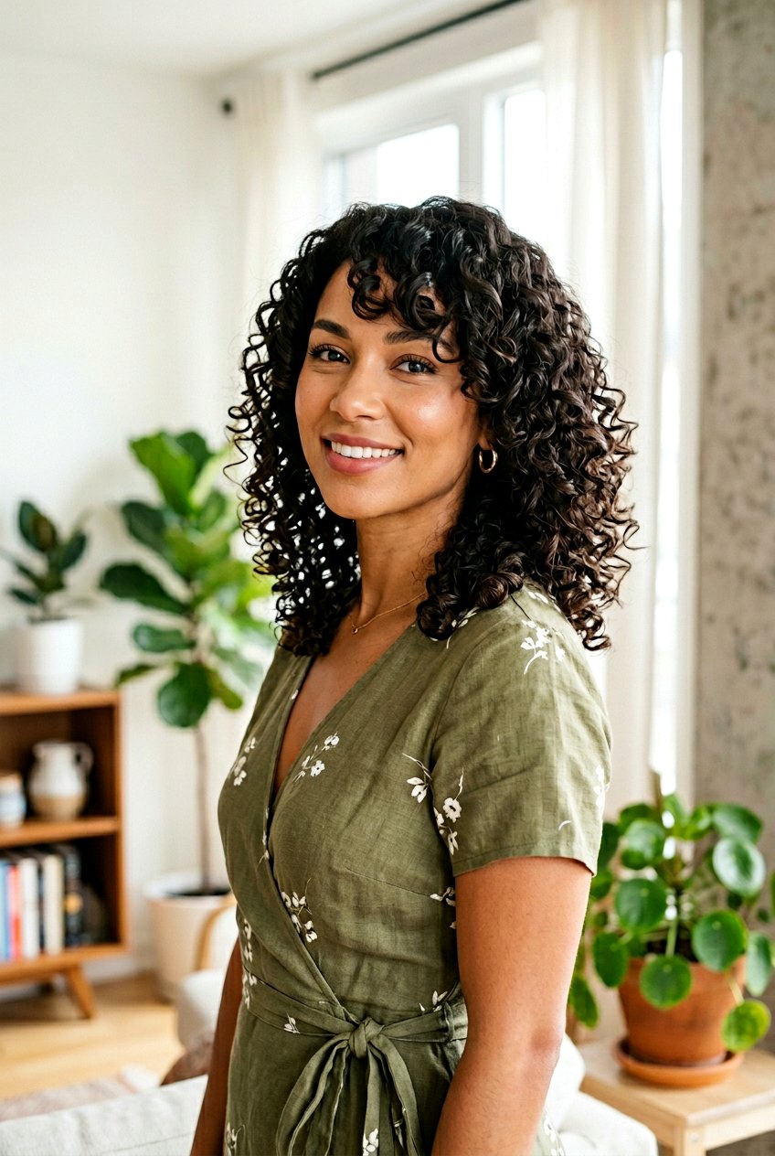 Curly Curtain Bangs Swept To The Side - 20 curly haircut with side bangs - 20 curly haircut with side bangs