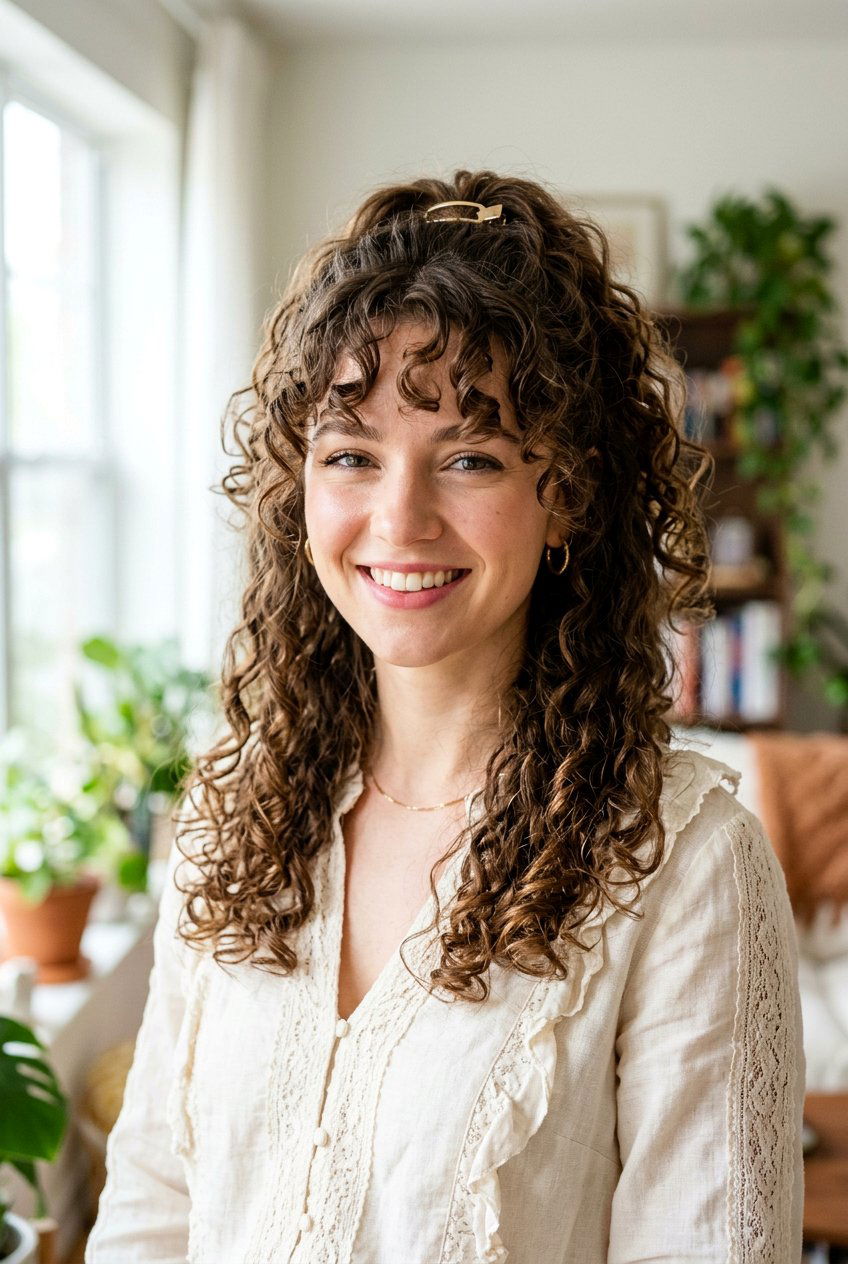 Curly Curtain Bangs With Half Up Half Down - 20 curtain bangs for curly hair - 20 curtain bangs for curly hair