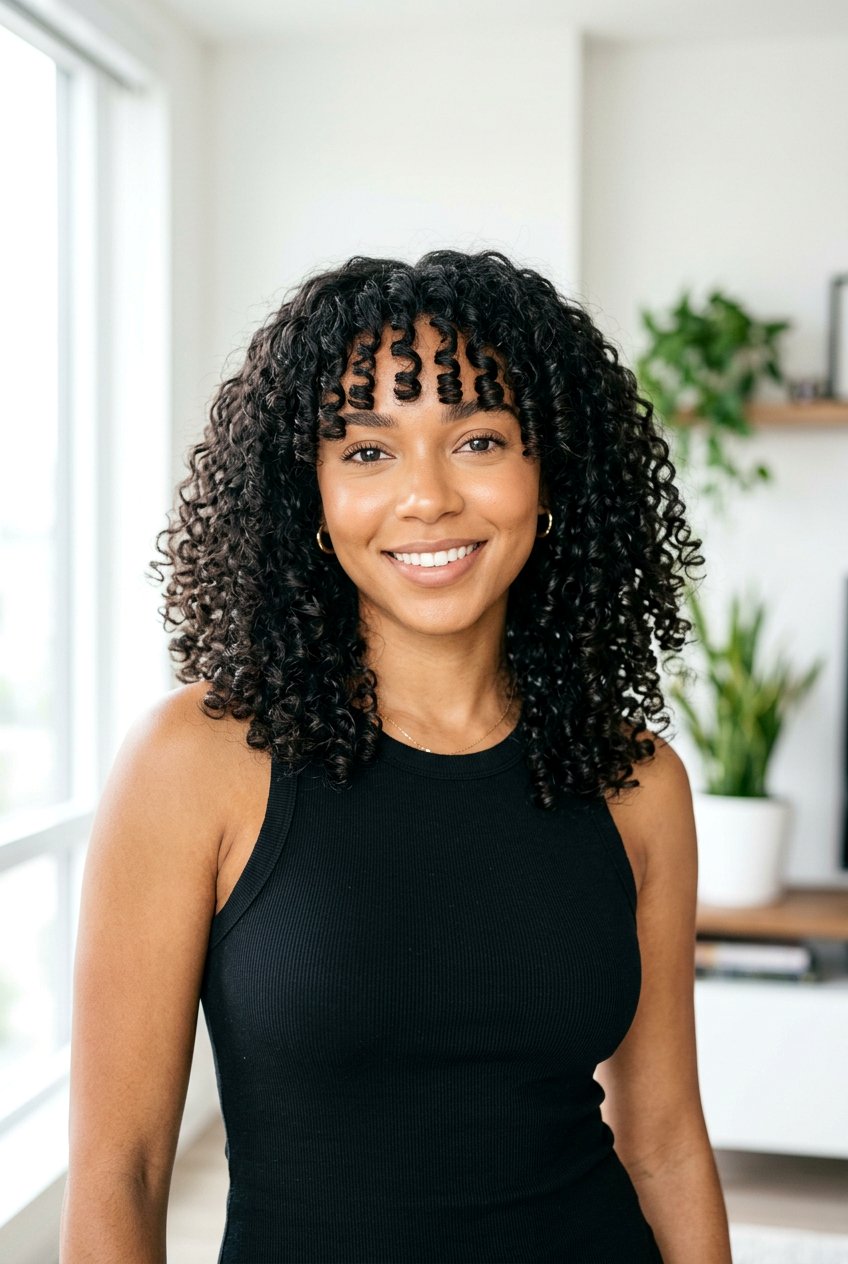 Curly Curtain Bangs With Wash And Go - 20 curtain bangs for curly hair - 20 curtain bangs for curly hair