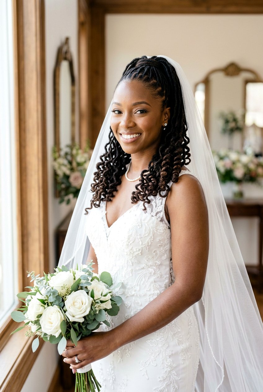 Curly End Loc Ponytail With Veil - 20 bridal hairstyle for loc ponytail - 20 bridal hairstyle for loc ponytail