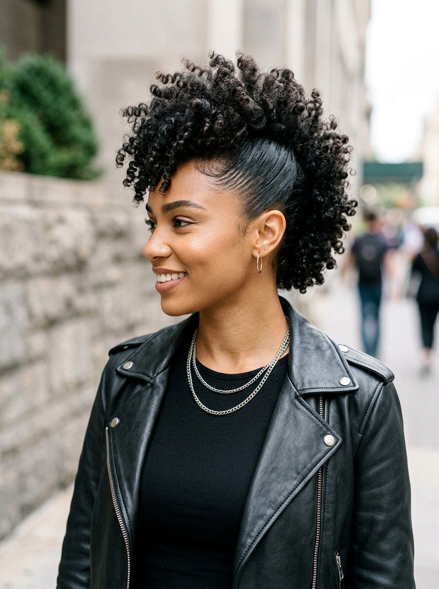 Curly Faux Hawk Updo - 20 soft glam hairstyle for curly hair - 20 soft glam hairstyle for curly hair