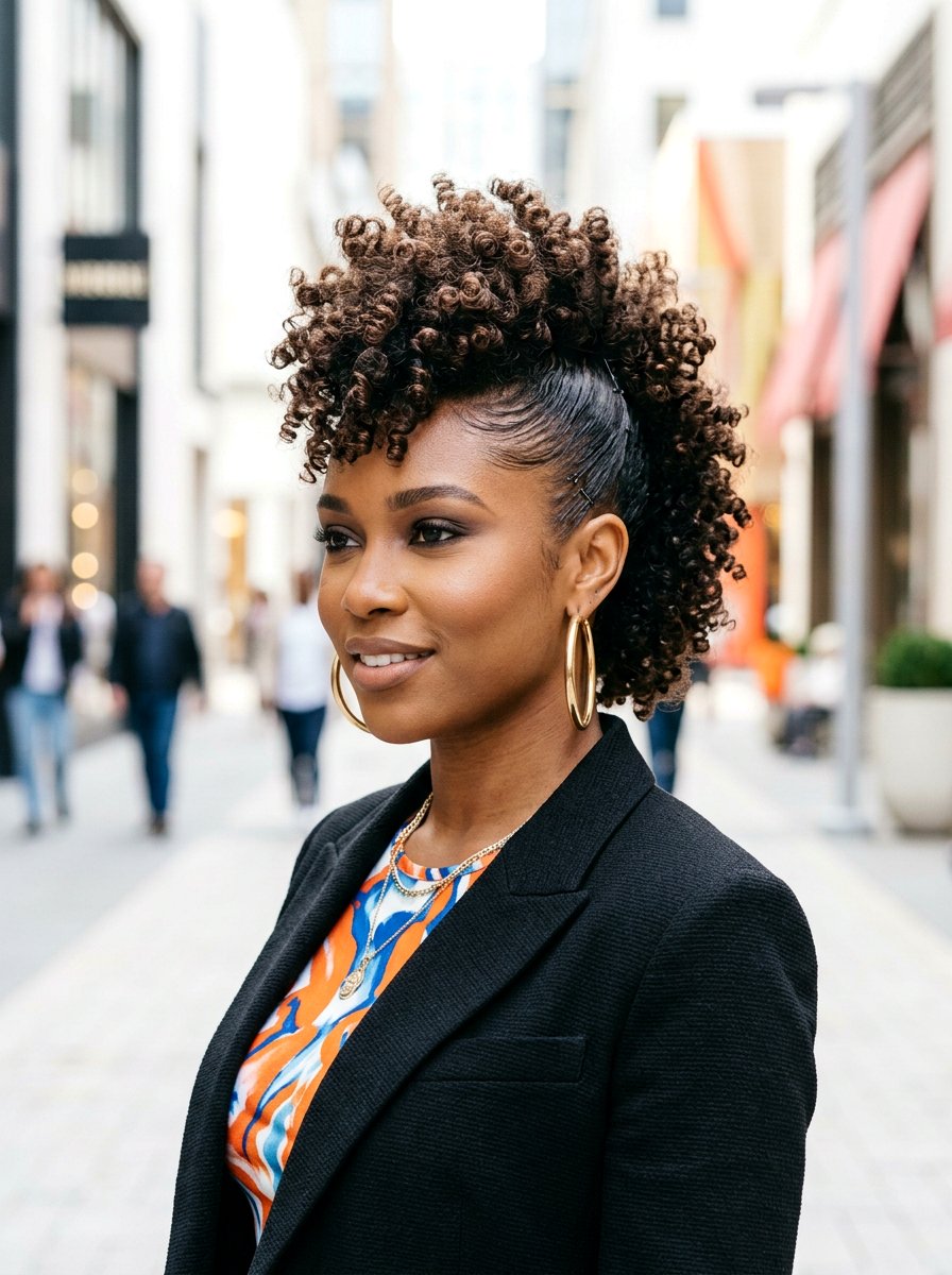 Curly Faux Hawk Updo - 20 date night hairstyle for curly hair women - 20 date night hairstyle for curly hair women