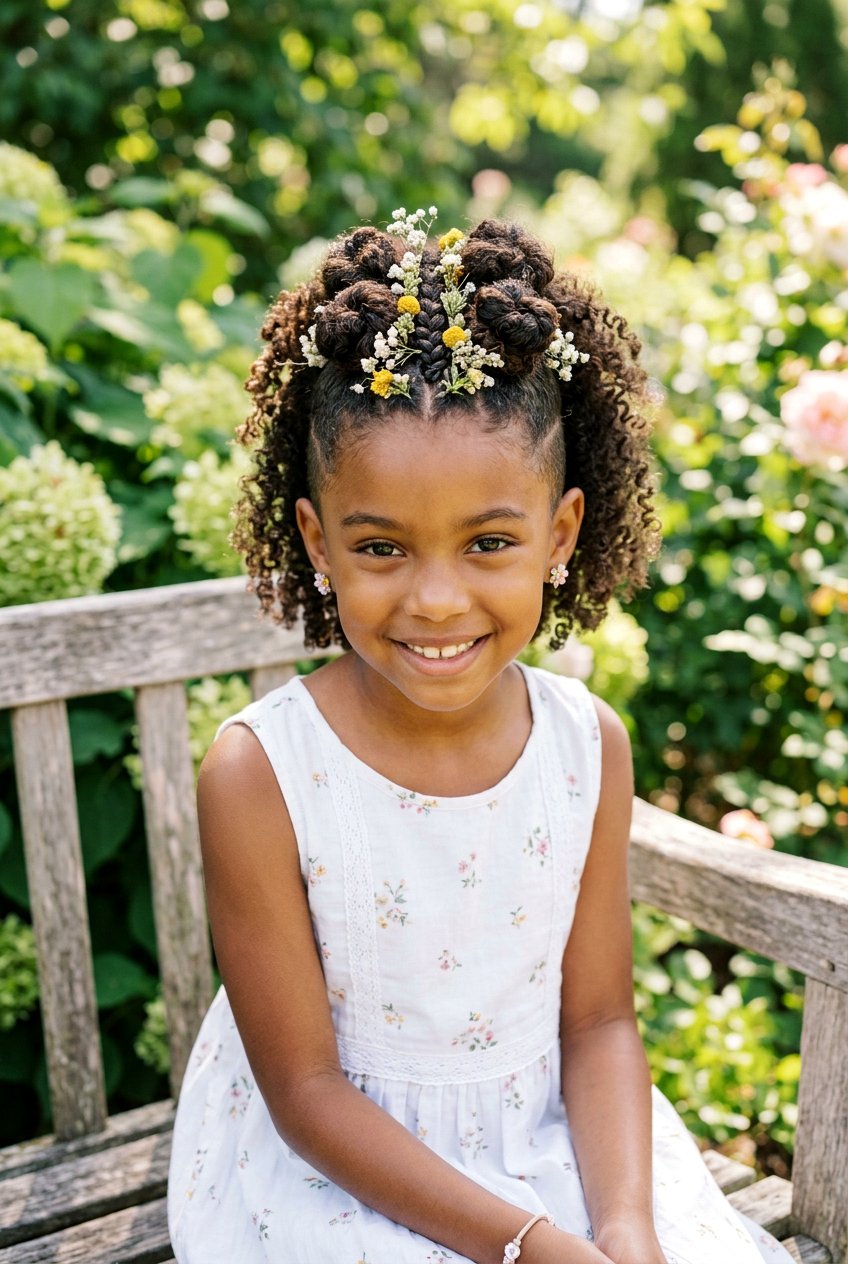 Curly Faux Hawk With Floral Line - 20 flower girl hairstyles with curls - 20 flower girl hairstyles with curls