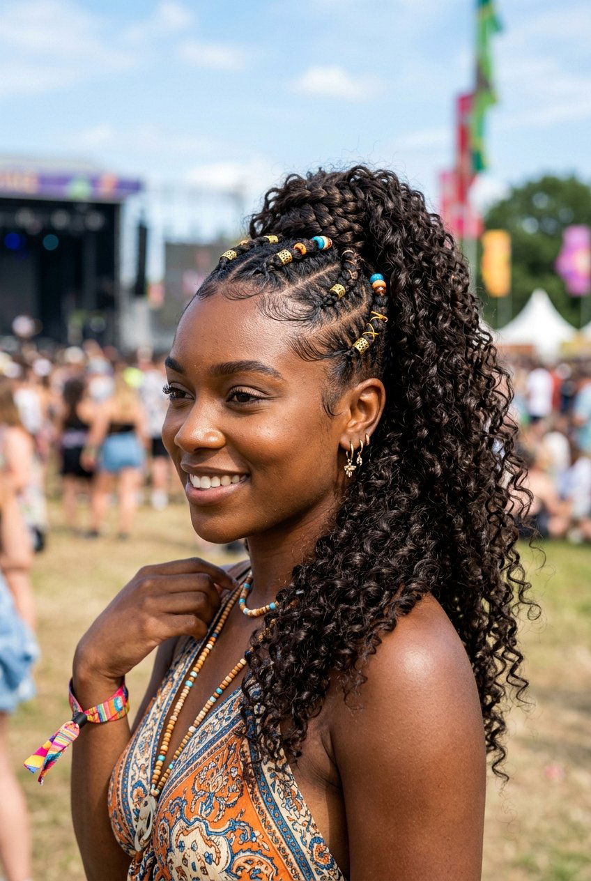 Curly Festival Ponytail With Braids - 20 festival hairstyles for women - 20 festival hairstyles for women