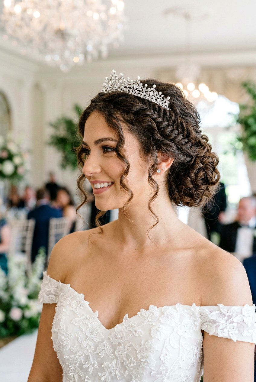 Curly Fishtail Braid Updo With Tiara - 20 bridal curls with tiara - 20 bridal curls with tiara