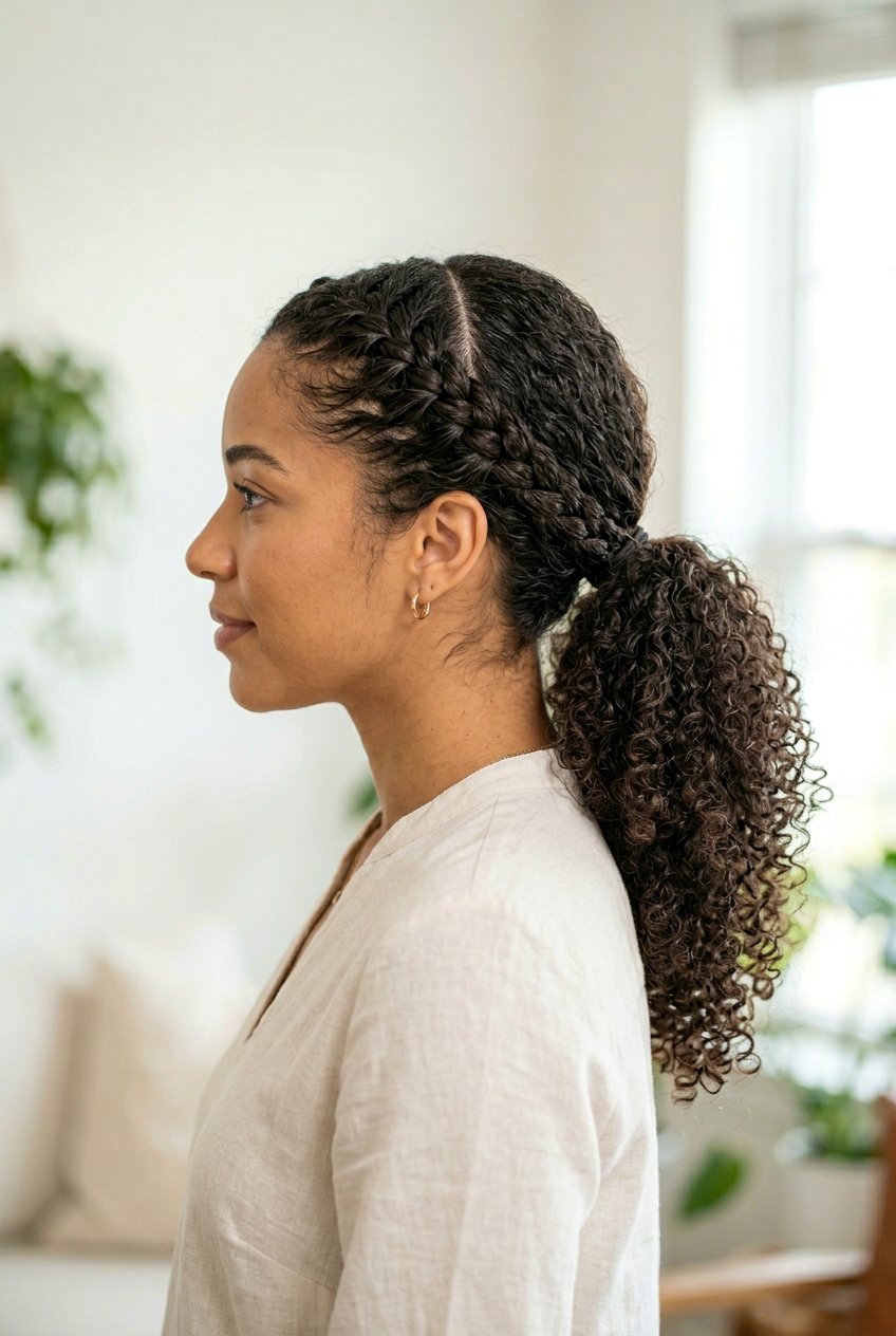 Curly French Braided Low Ponytail - 20 summer hairstyles for curly hair - 20 summer hairstyles for curly hair