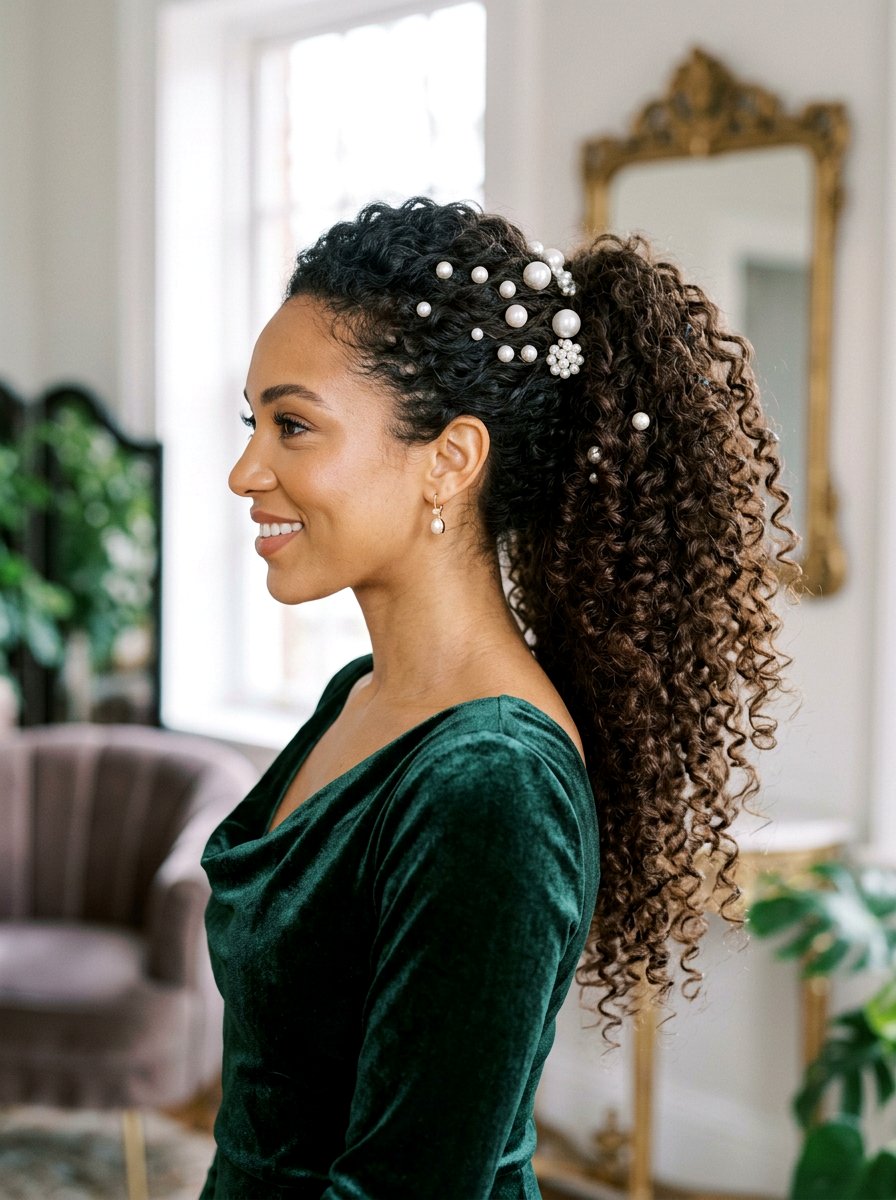 Curly Glam Pearl Ponytail - 20 party hairstyle with pearl ponytail - 20 party hairstyle with pearl ponytail