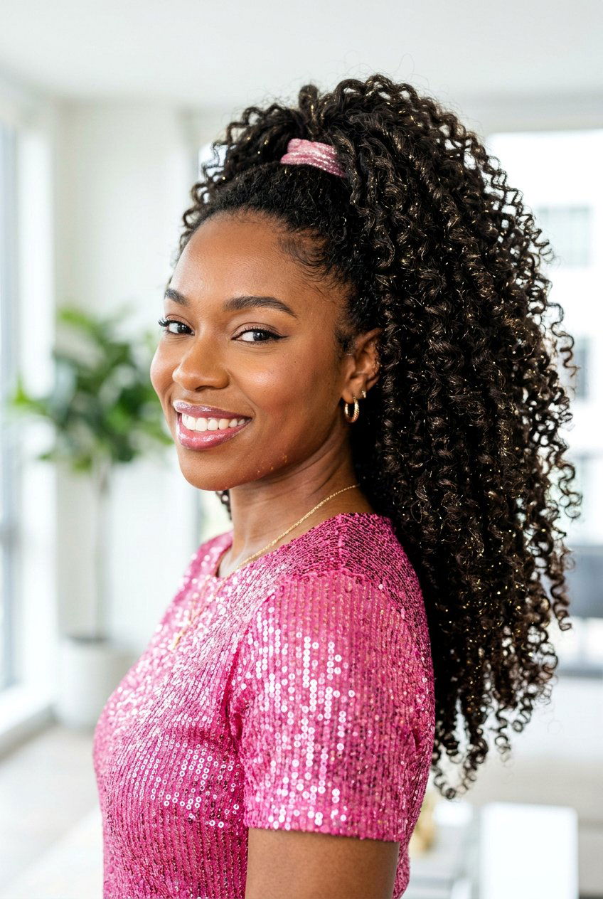 Curly Glitter Ponytail With Volume - 20 birthday hairstyle with glitter ponytail - 20 birthday hairstyle with glitter ponytail