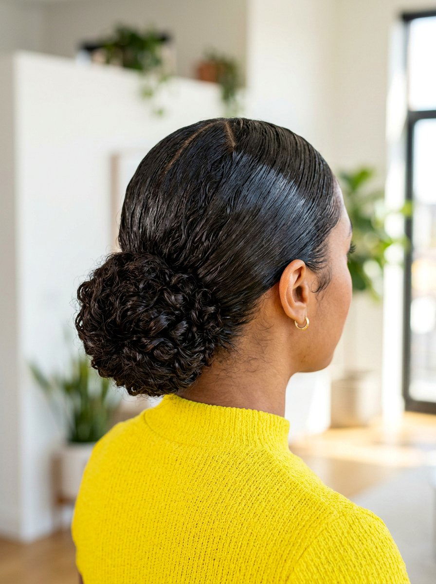 Curly Glossy Low Bun With Middle Part - 20 glossy low bun with middle part - 20 glossy low bun with middle part