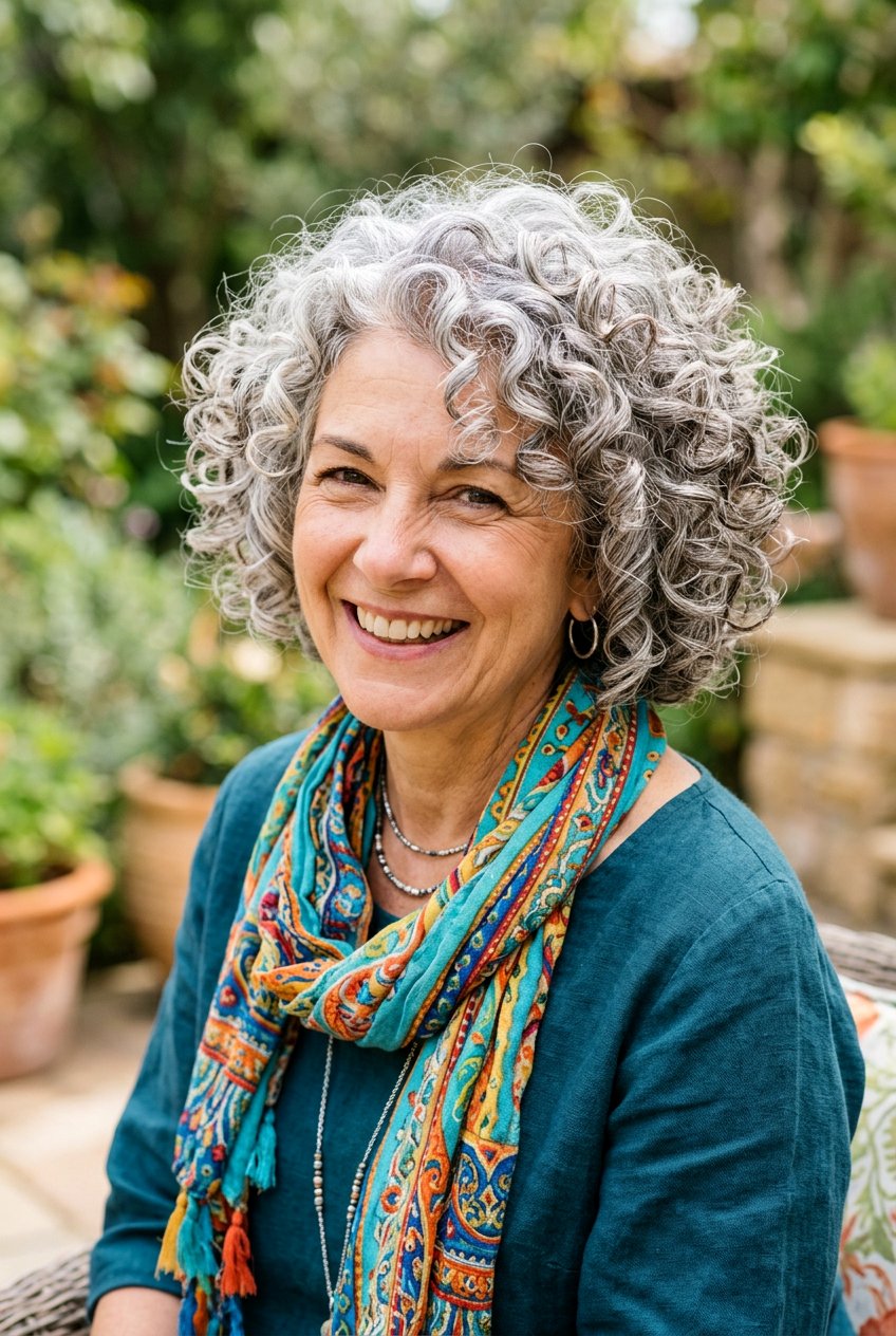 Curly Gray Hair With Rounded Layers - 20 gentle layers for naturally gray hair - 20 gentle layers for naturally gray hair