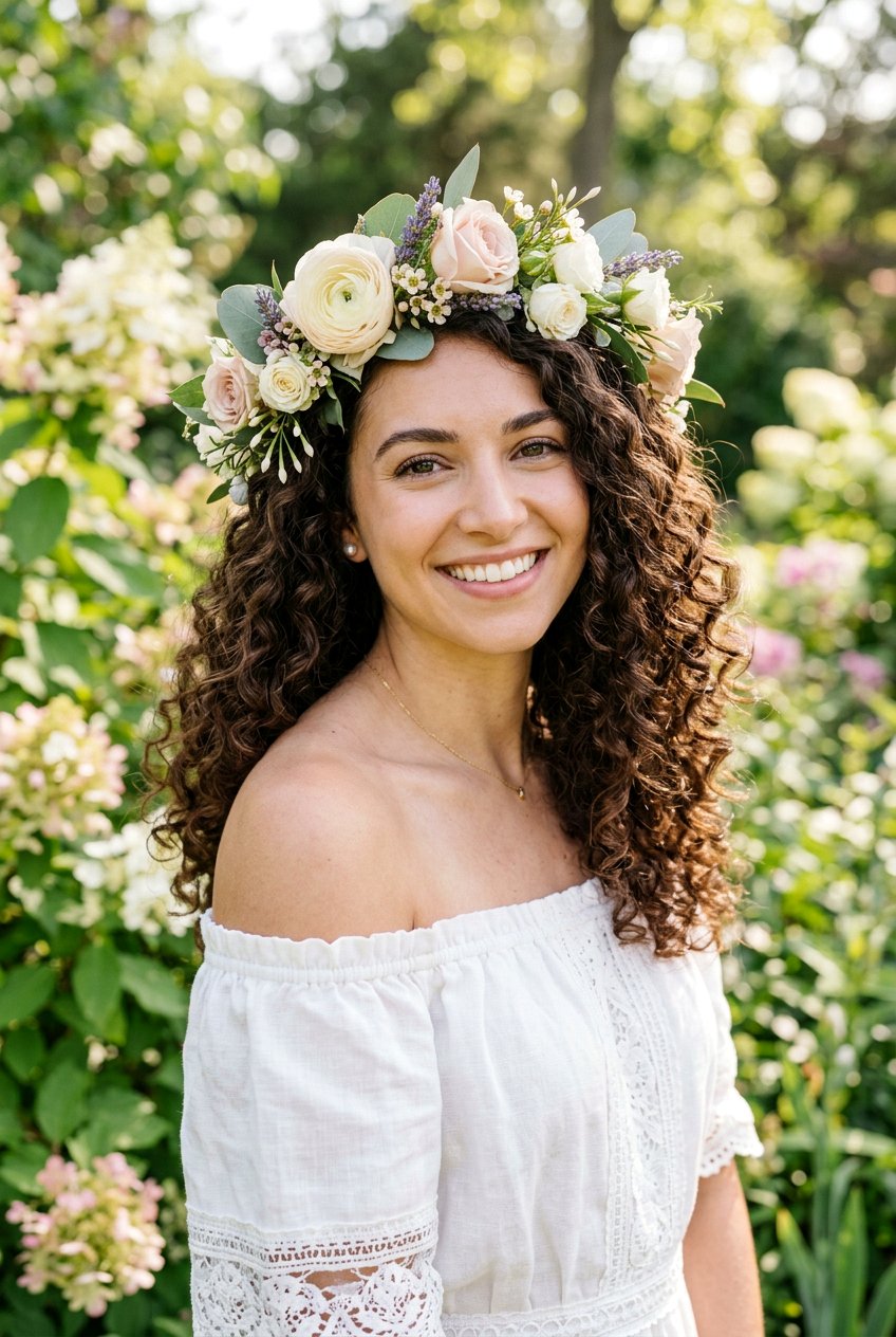 Curly Hair Flower Crown Look - 20 flower crown hairstyles - 20 flower crown hairstyles