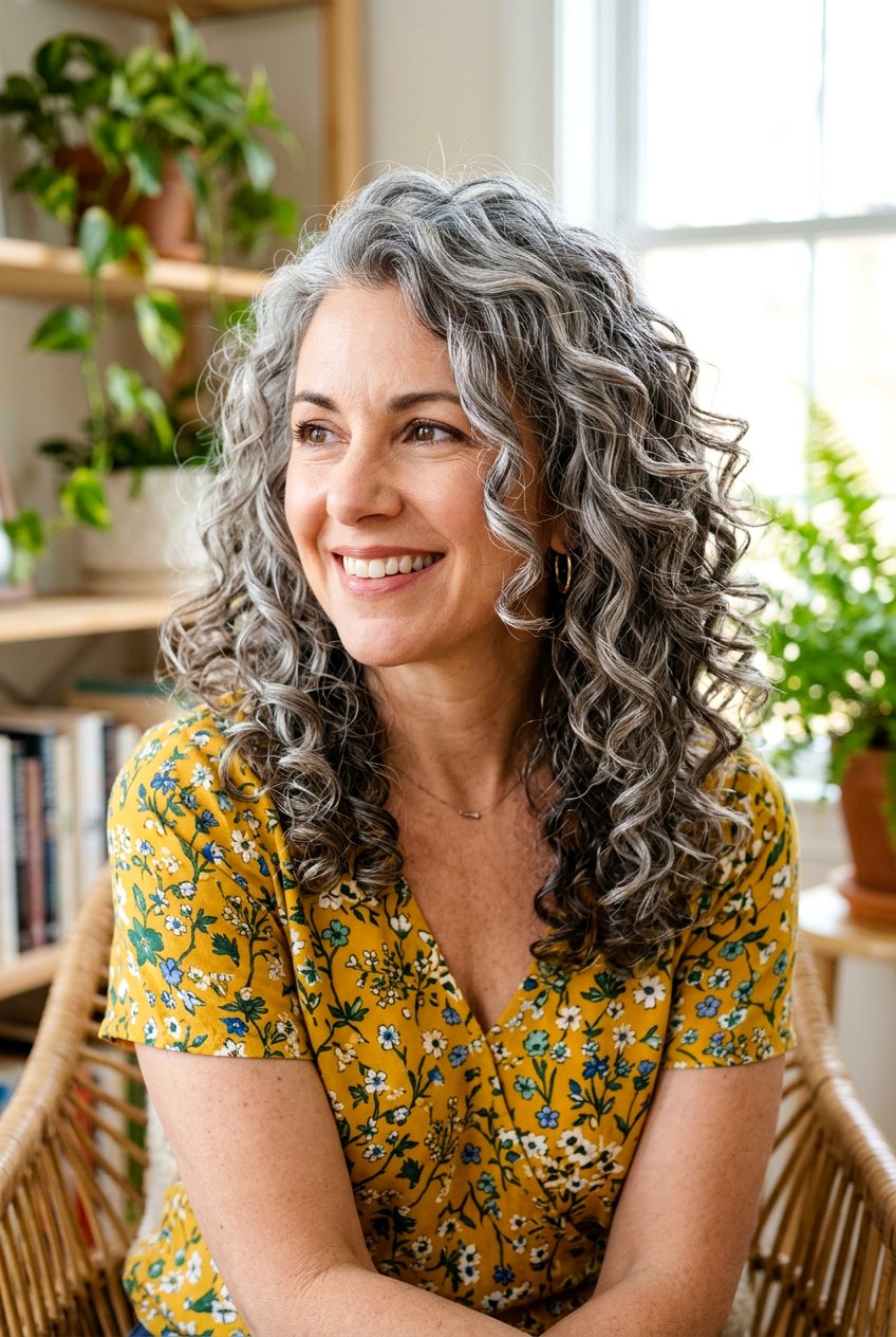 Curly Hair Gray Blending - 20 natural gray transition with babylights - 20 natural gray transition with babylights