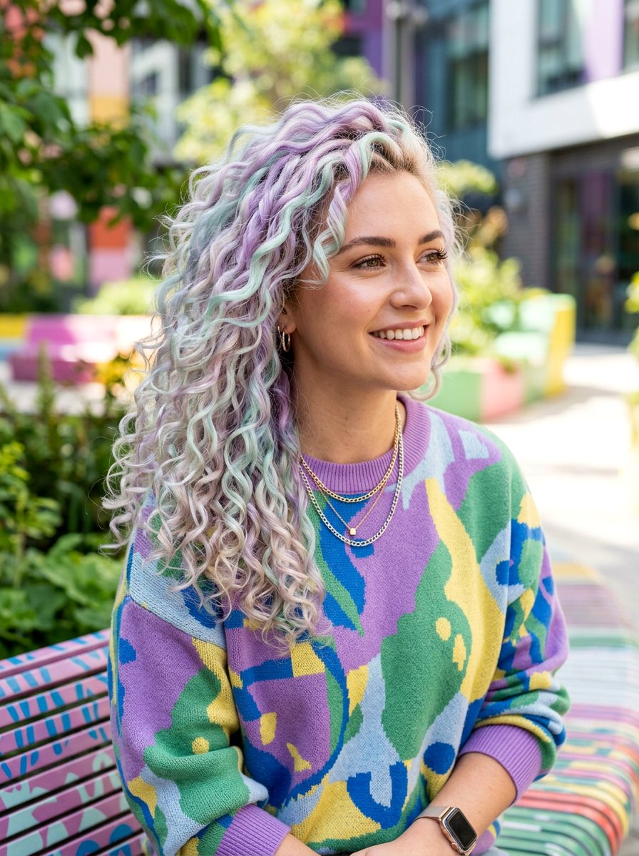 Curly Hair Opal Balayage With Pastel Purple And Mint - 20 opal balayage hair - 20 opal balayage hair
