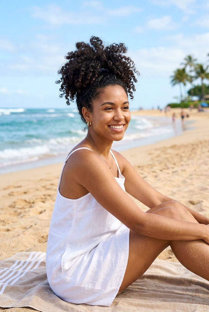 Curly Hair Pineapple Updo For Beach Photos - 20 beach photo shoot hairstyles - 20 beach photo shoot hairstyles