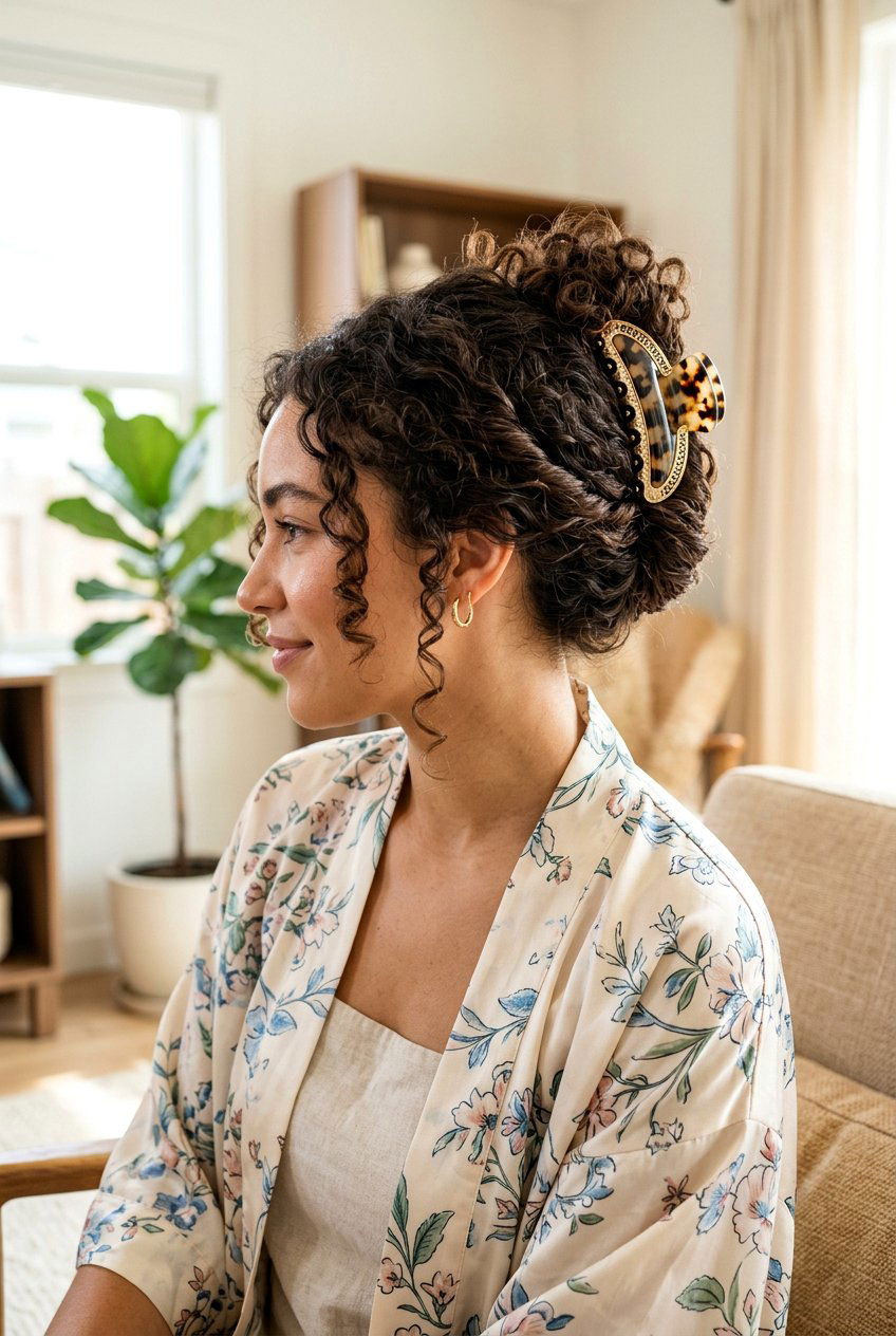 Curly Hair With Claw Clip - 20 beach hairstyle for long curly hair - 20 beach hairstyle for long curly hair