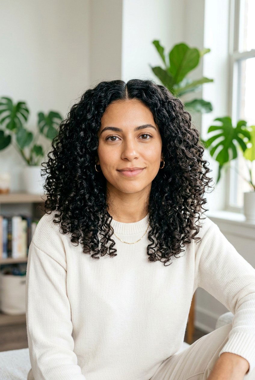 Curly Hair With Clean Center Part - 20 simple interview curls - 20 simple interview curls