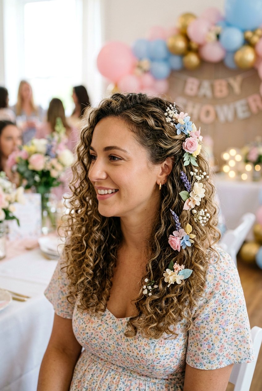 Curly Hair With Floral Clips Baby Shower Hair - 20 baby shower curls hairstyle - 20 baby shower curls hairstyle