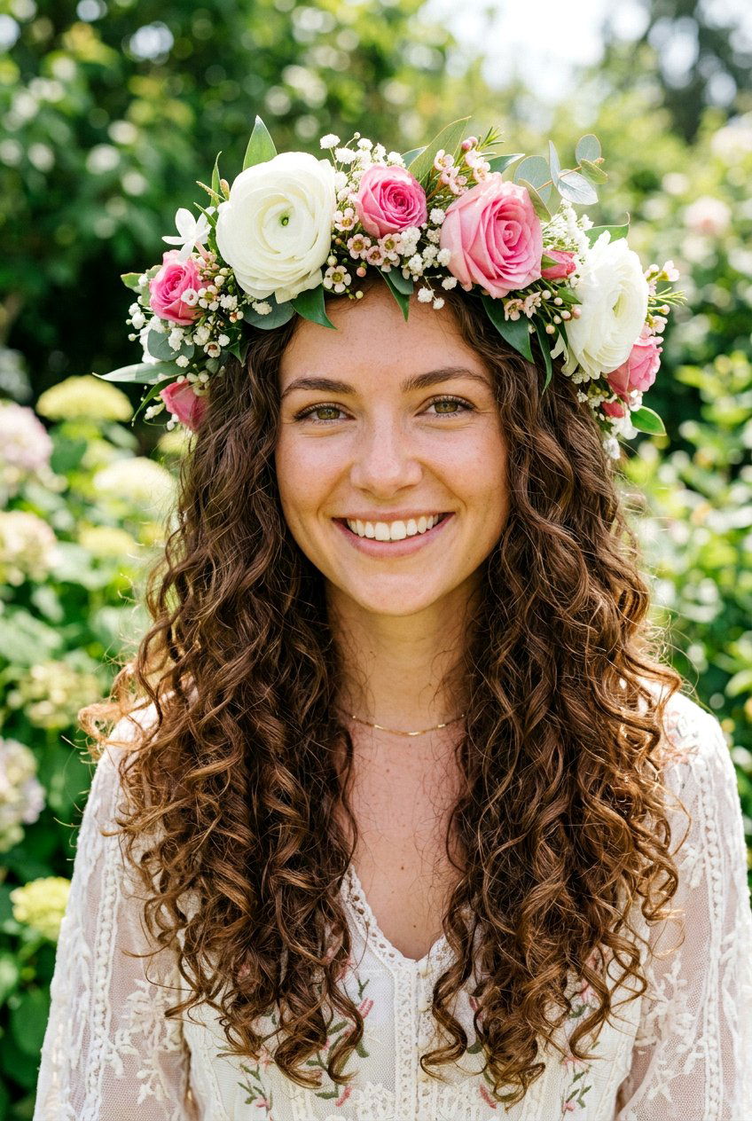 Curly Hair With Floral Crown - 20 bridal hairstyle for long curly hair - 20 bridal hairstyle for long curly hair