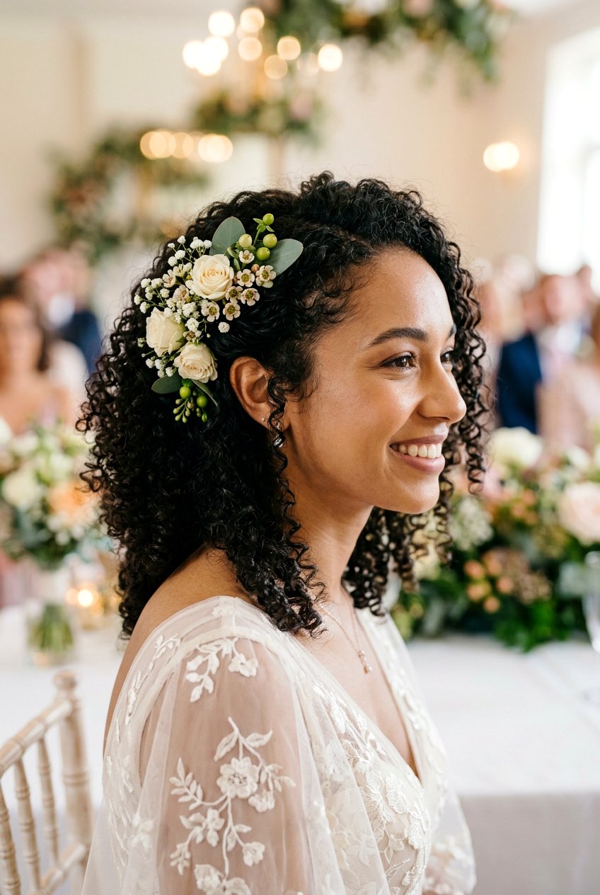 Curly Hair With Floral Pins - 20 bridal hairstyles with fresh flowers - 20 bridal hairstyles with fresh flowers