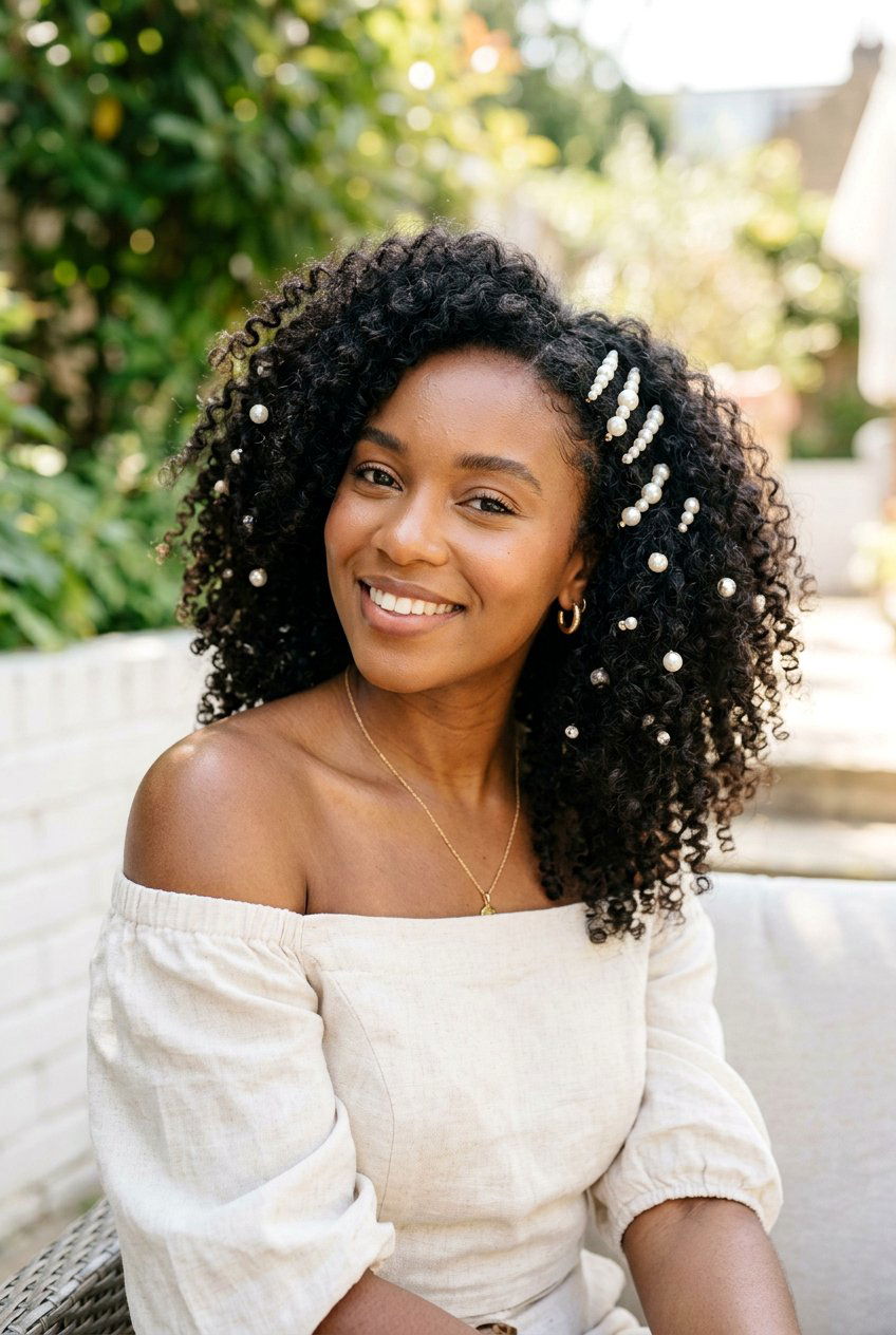 Curly Hair With Scattered Pearl Clips - 20 pearl clip hairstyles - 20 pearl clip hairstyles