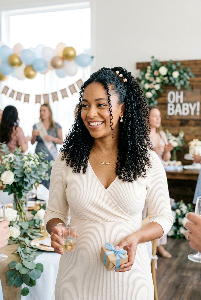 Curly Half Up Baby Shower Hair - 20 baby shower hairstyles - 20 baby shower hairstyles