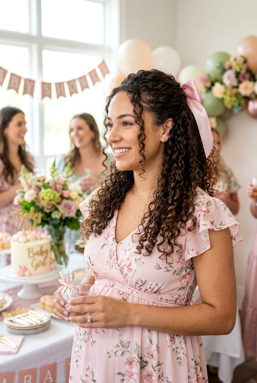 Curly Half Up Bow Baby Shower Hair - 20 baby shower curls hairstyle - 20 baby shower curls hairstyle