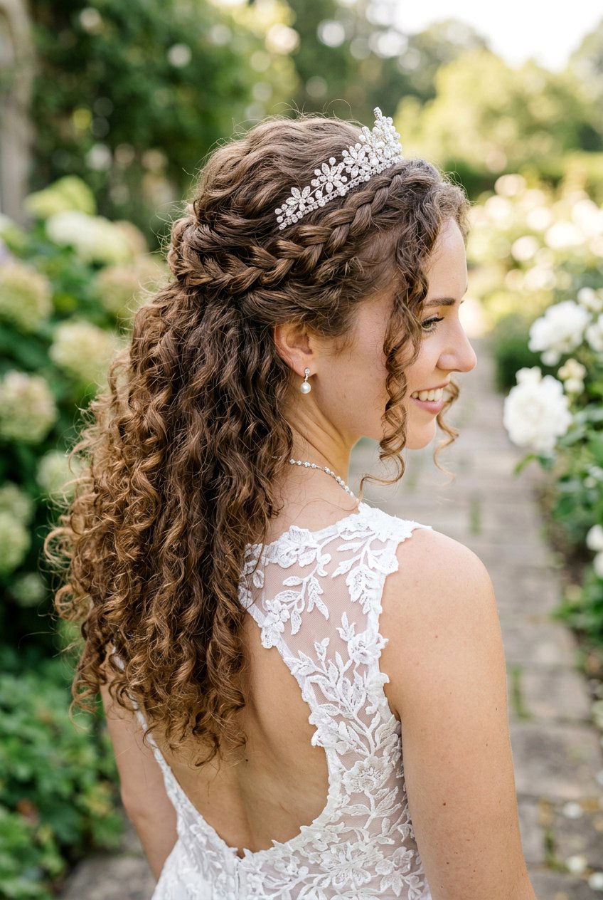 Curly Half Up Braid With Tiara - 20 bridal curls with tiara - 20 bridal curls with tiara