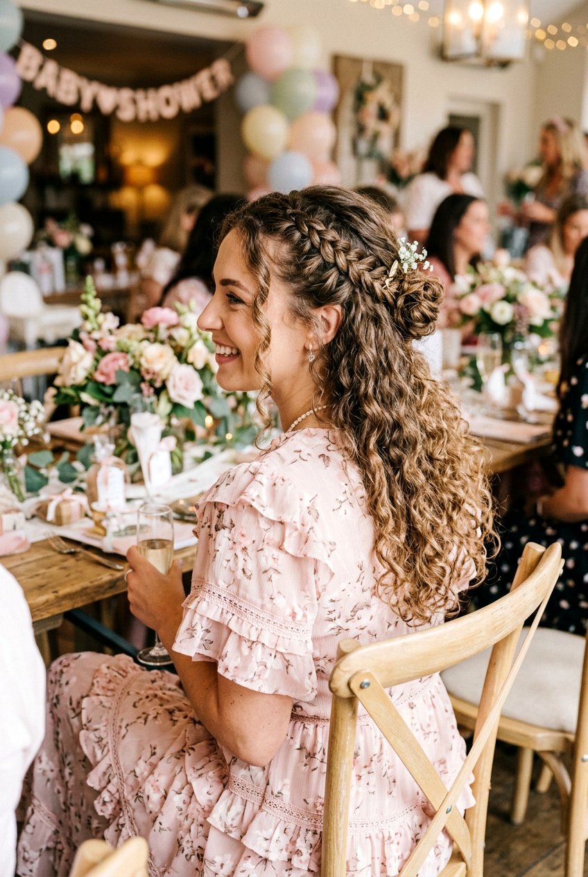 Curly Half Up Braided Baby Shower Hair - 20 baby shower curls hairstyle - 20 baby shower curls hairstyle