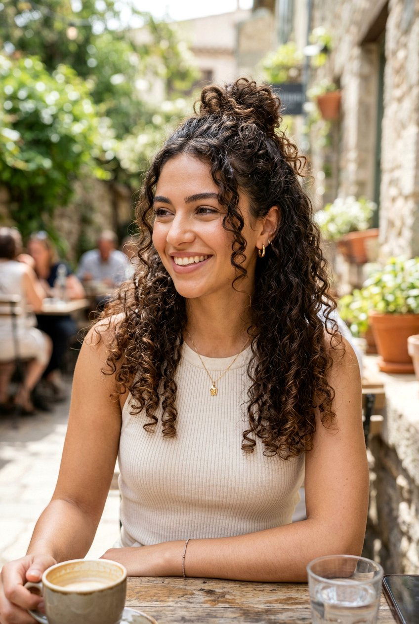 Curly Half Up Bun - 20 everyday curls hairstyle - 20 everyday curls hairstyle