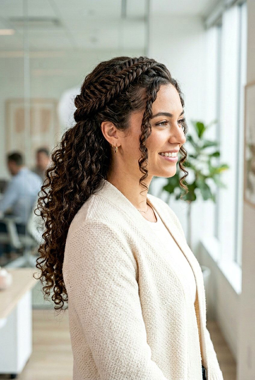 Curly Half Up Fishtail - 20 office hairstyle for curly shoulder length hair - 20 office hairstyle for curly shoulder length hair