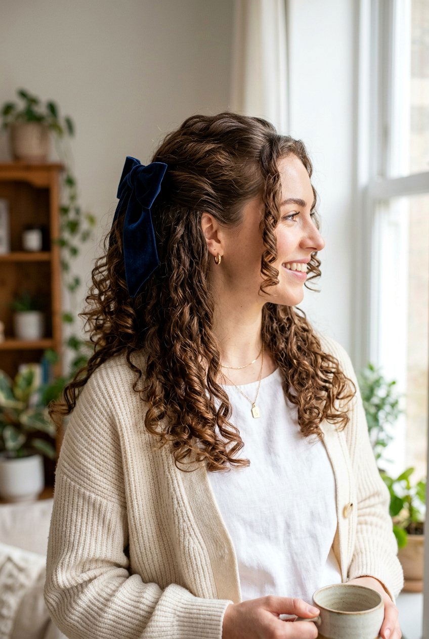 Curly Half Up Hairstyle With Bow - 20 bow hairstyles for women - 20 bow hairstyles for women