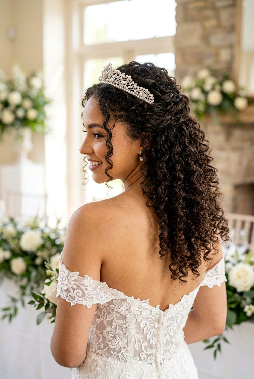 Curly Half Up Half Down With Tiara - 20 bridal curls with tiara - 20 bridal curls with tiara