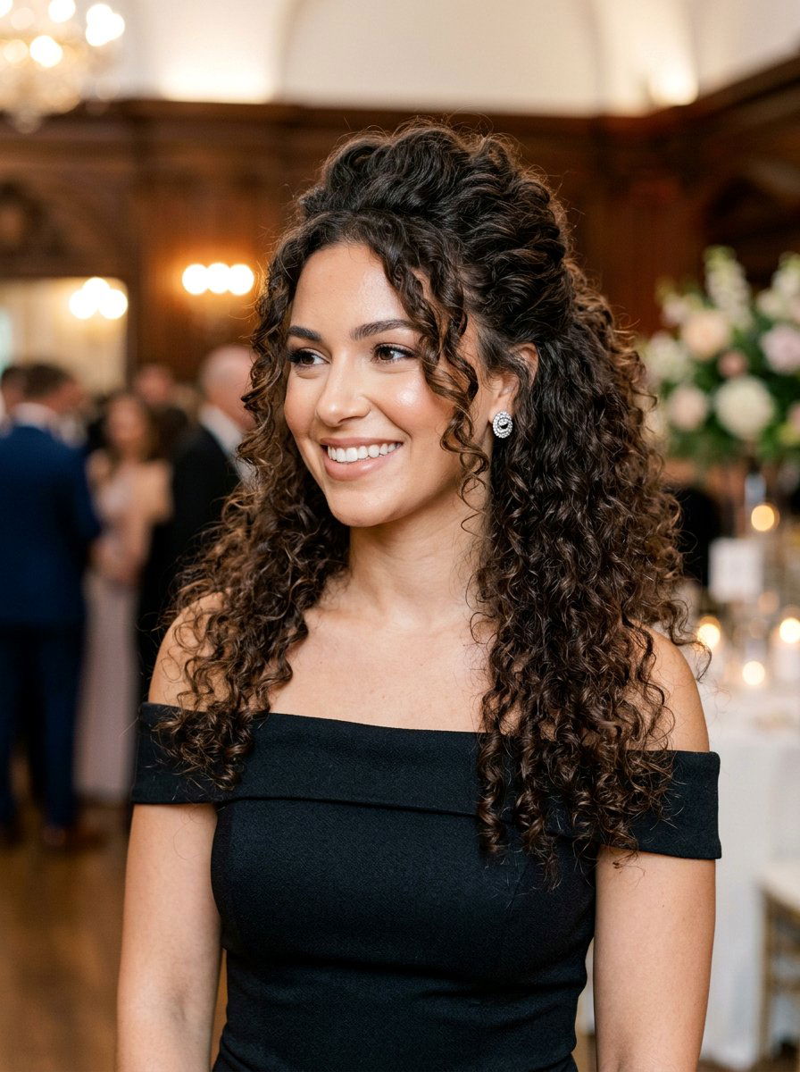 Curly Half Up Half Down With Volume - 20 soft glam hairstyle for curly hair - 20 soft glam hairstyle for curly hair